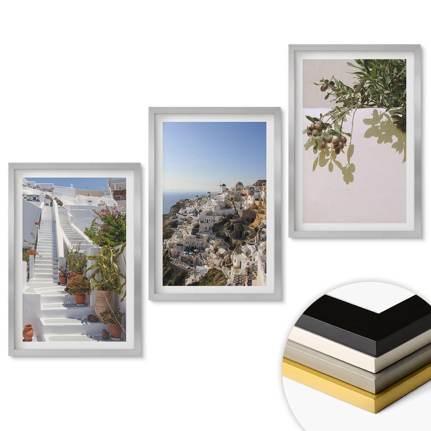 WANDBILDER 3er Set - 40x60 cm Silberner Rahmen - Weiße Treppe mit Blick auf Santorini - Silberfarben, Kunststoff (40/60cm) - ArtPrintCave