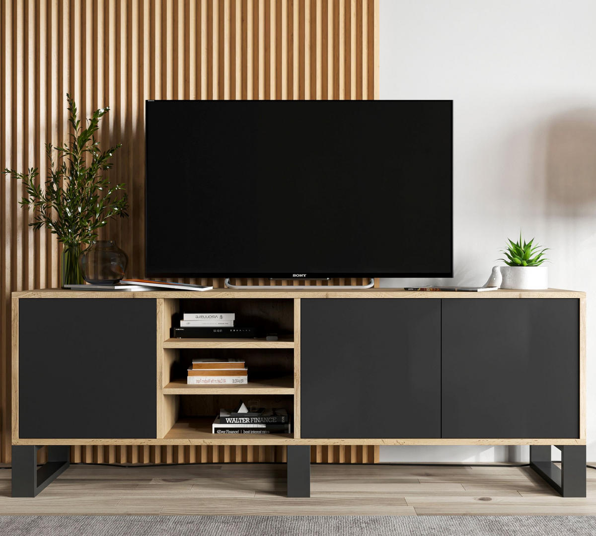 TV-LOWBOARD Apollo Eiche wotan Schwarz Matt mit Metallbeinen 150/53/35 cm - Schwarz, Holzwerkstoff/Metall (150/53/35cm) - Meble Lindner