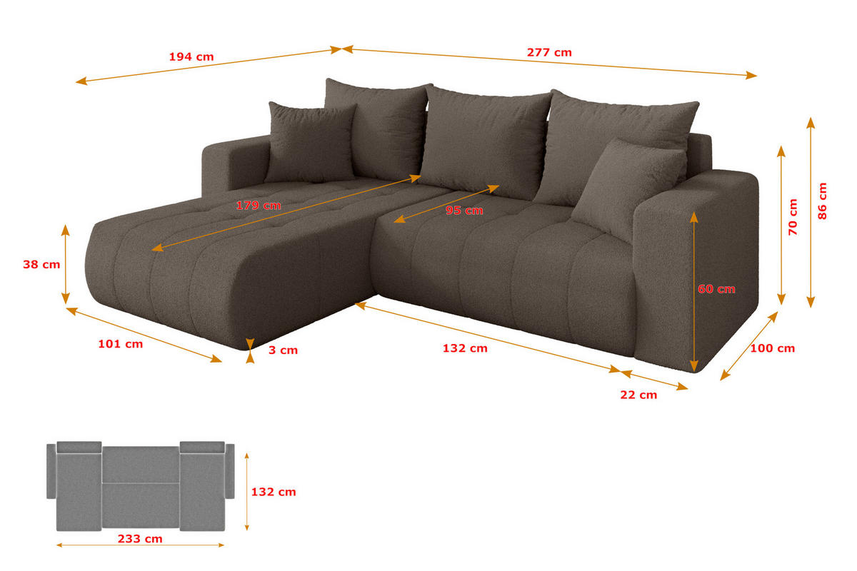 ROHOVÁ SEDAČKA s funkcí spaní, otoman vlevo MILA-L 277x194x86 hnědá bouclé - černá/hnědá, kompozitní dřevo/textil (277/194cm) - ALTDECOR