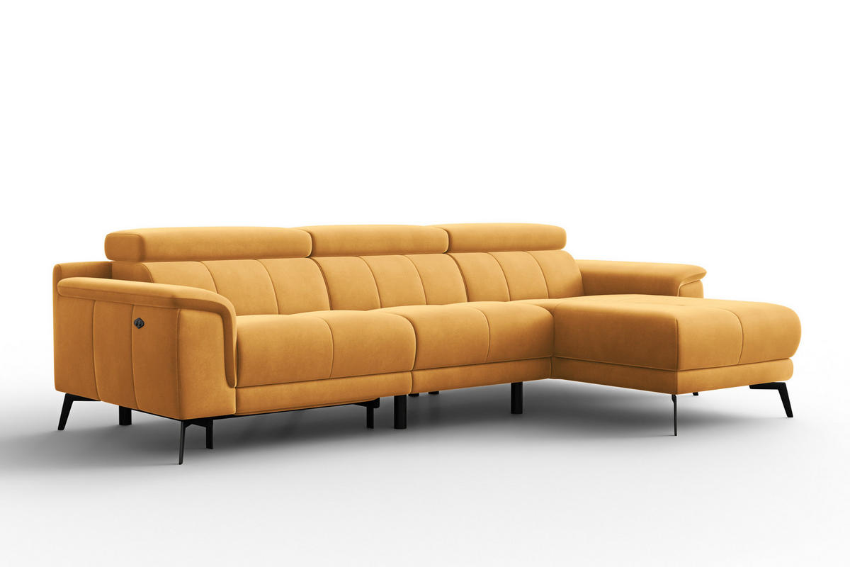 ECKSOFA FIERO 4-Sitzer RECHTS, Gelber Veloursstoff - Gelb/Schwarz, Holz/Textil (288/170cm) - Courtois Laville