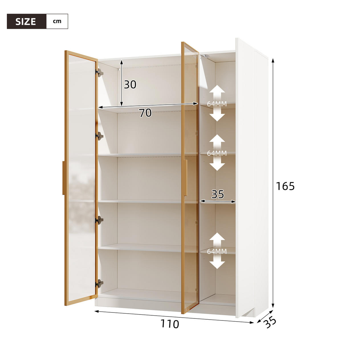 VITRÍNA z MDF 110x35x165 cm bílá s LED osvětlením, bezpečnostním sklem a nastavitelnými policemi - bílá, kompozitní dřevo (115/165/35cm) - Modfu