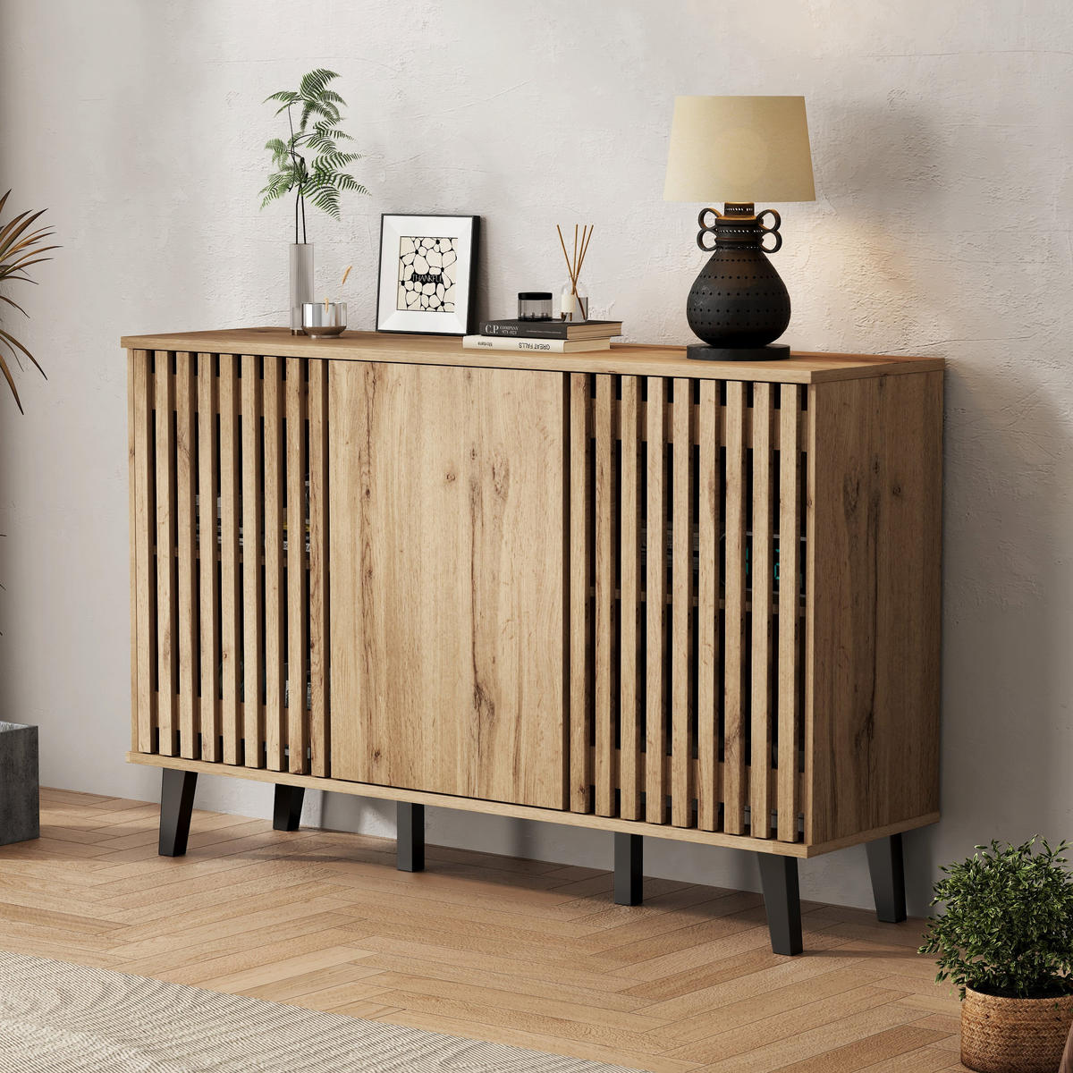 3-TÜRIGES Buffet mit Lamellendesign in Natürlicher Holzoptik,Beige - Naturfarben, Textil (40/95/150cm) - Urban Meuble