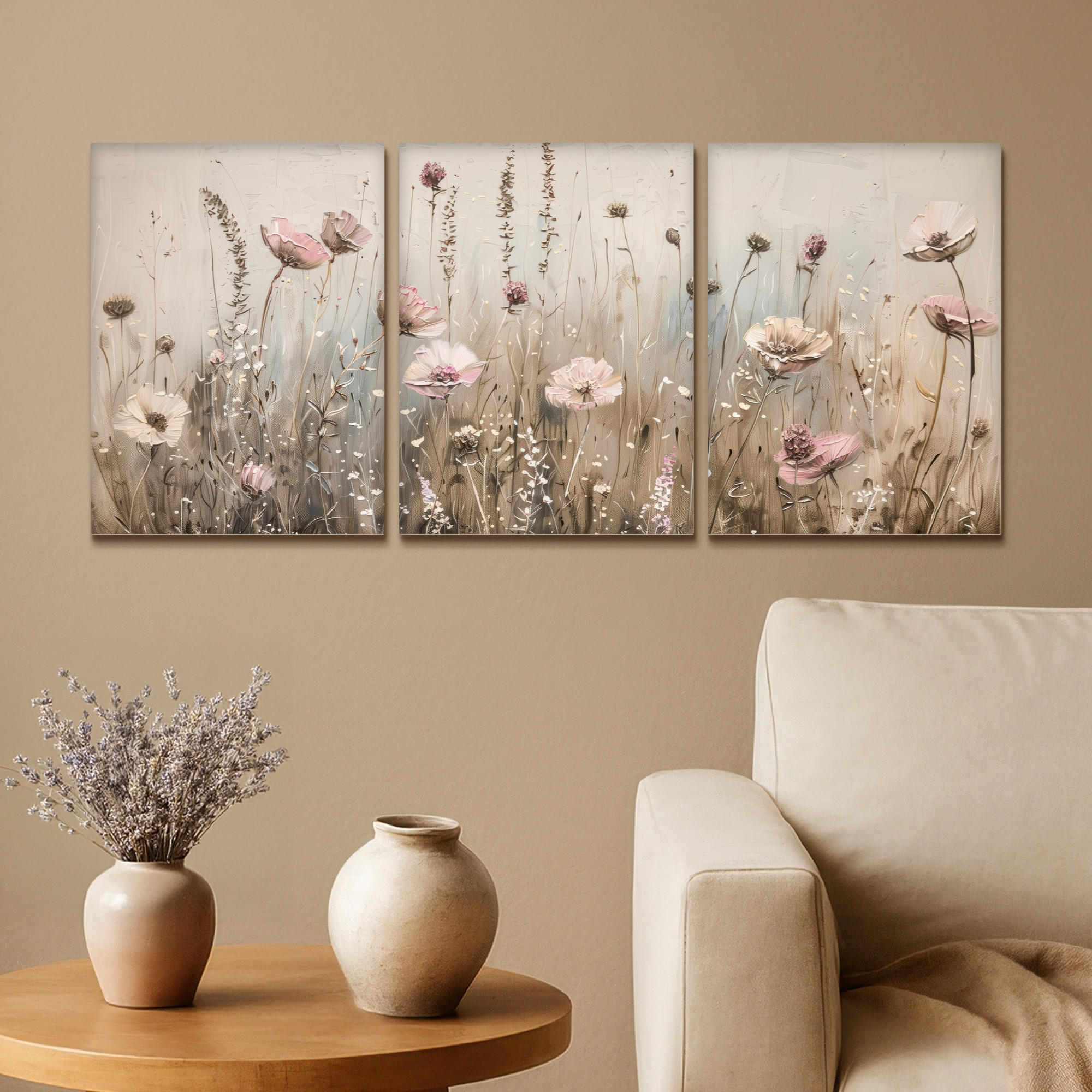 LEINWANDBILD 3er Set Blumen - Beige - Modern - Rosa 90x40 cm - Ecru, Textil (90/40cm) - MuchoWow