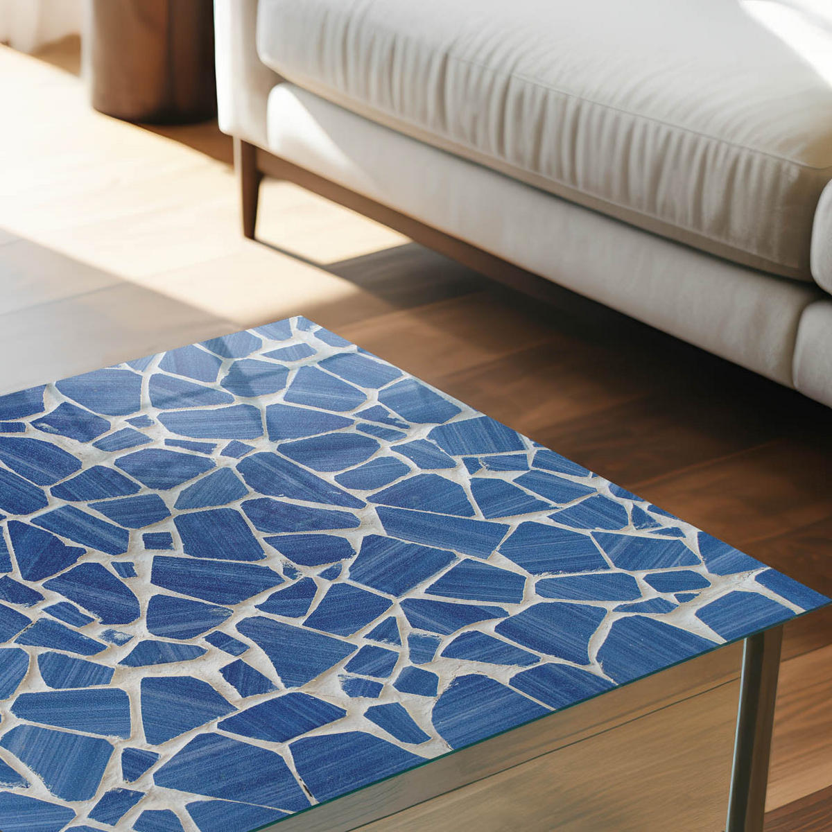 TISCHPLATTE 50x50 cm – Blaues Mosaik - Creme, Glas (50/50/0.4cm) - Wallfluent