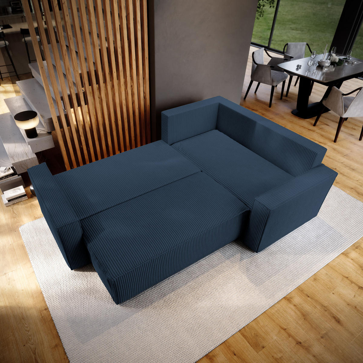 ECKSOFA ESTANO R-S Blau Kordstoff mit Schlaffunktion - Blau, Holz (230/158cm) - MASSENO