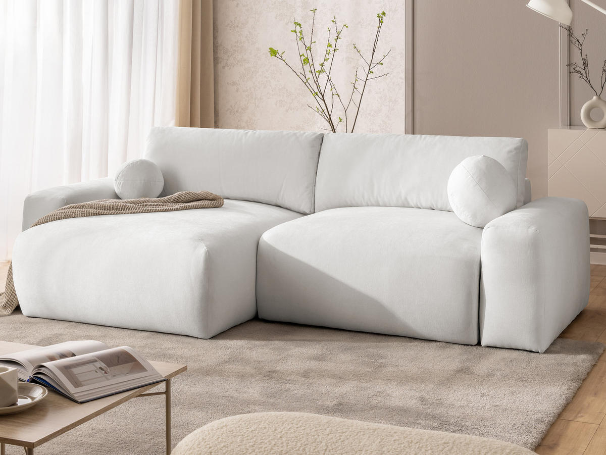 ECKSOFA Puffy mit Schlaffunktion und Bettkasten - besonders weich und puffig aus Creme Webstoff - Ottomane links - Creme/Schwarz, Holz/Kunststoff (138/266cm) - S-Style Möbel