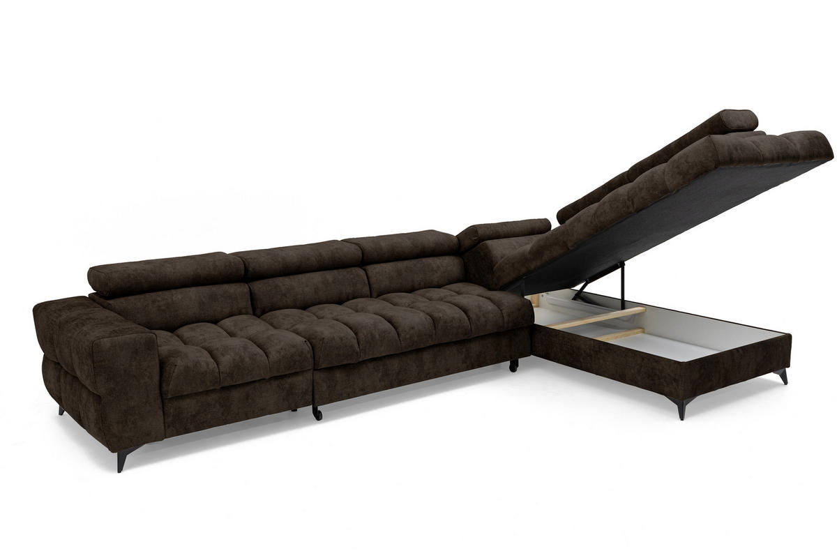 ECKSOFA PUDDING MAXI L Rechts mit Schlaffunktion 125x195 Velours Dunkelbraun - Dunkelbraun/Schwarz, Holz/Textil (203/350cm) - Muffo