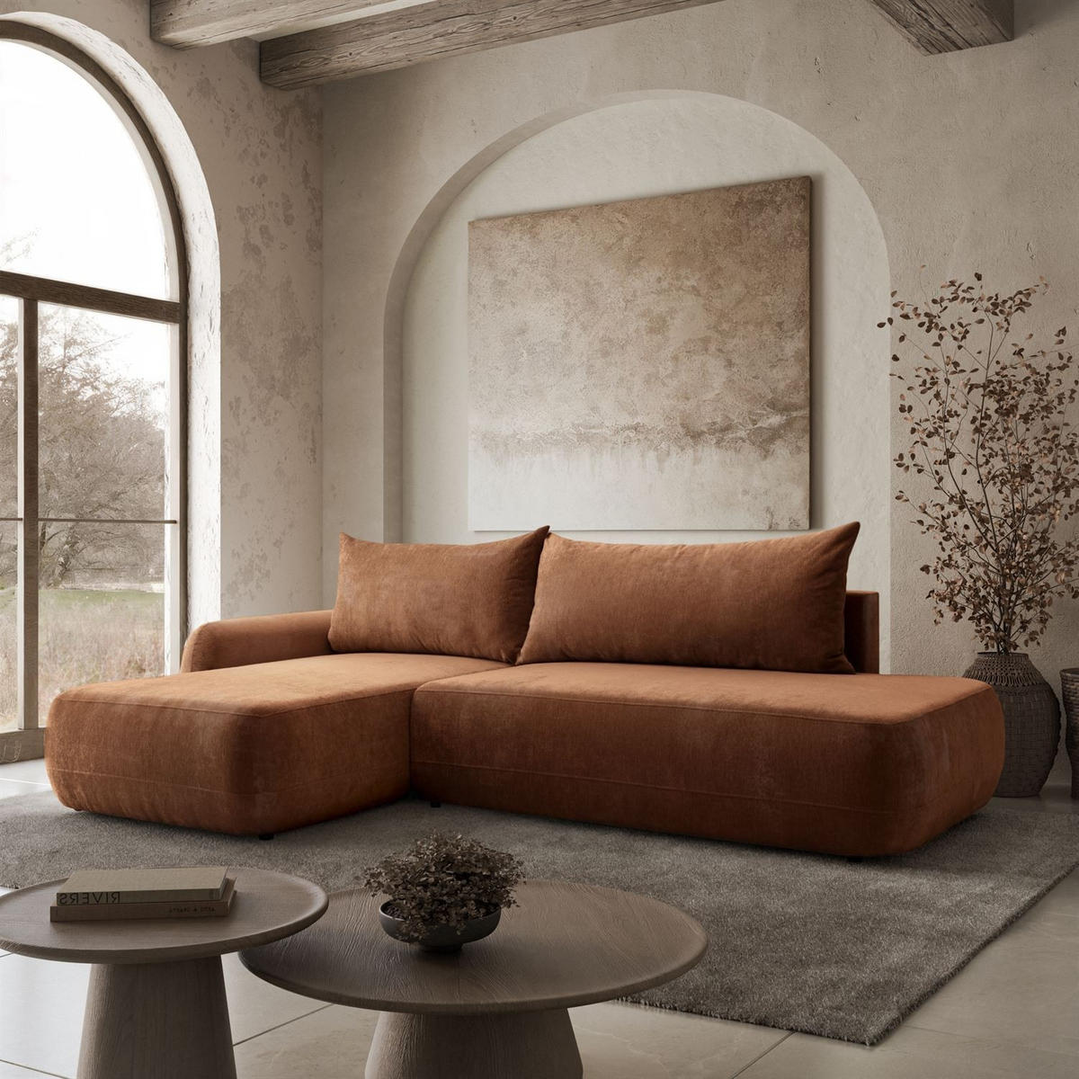 ECKSOFA GOYA mit Schlaffunktion und Bettkasten, Linke, Perfect Harmony 52 - Rotbraun, Textil (184/302cm) - Lookway