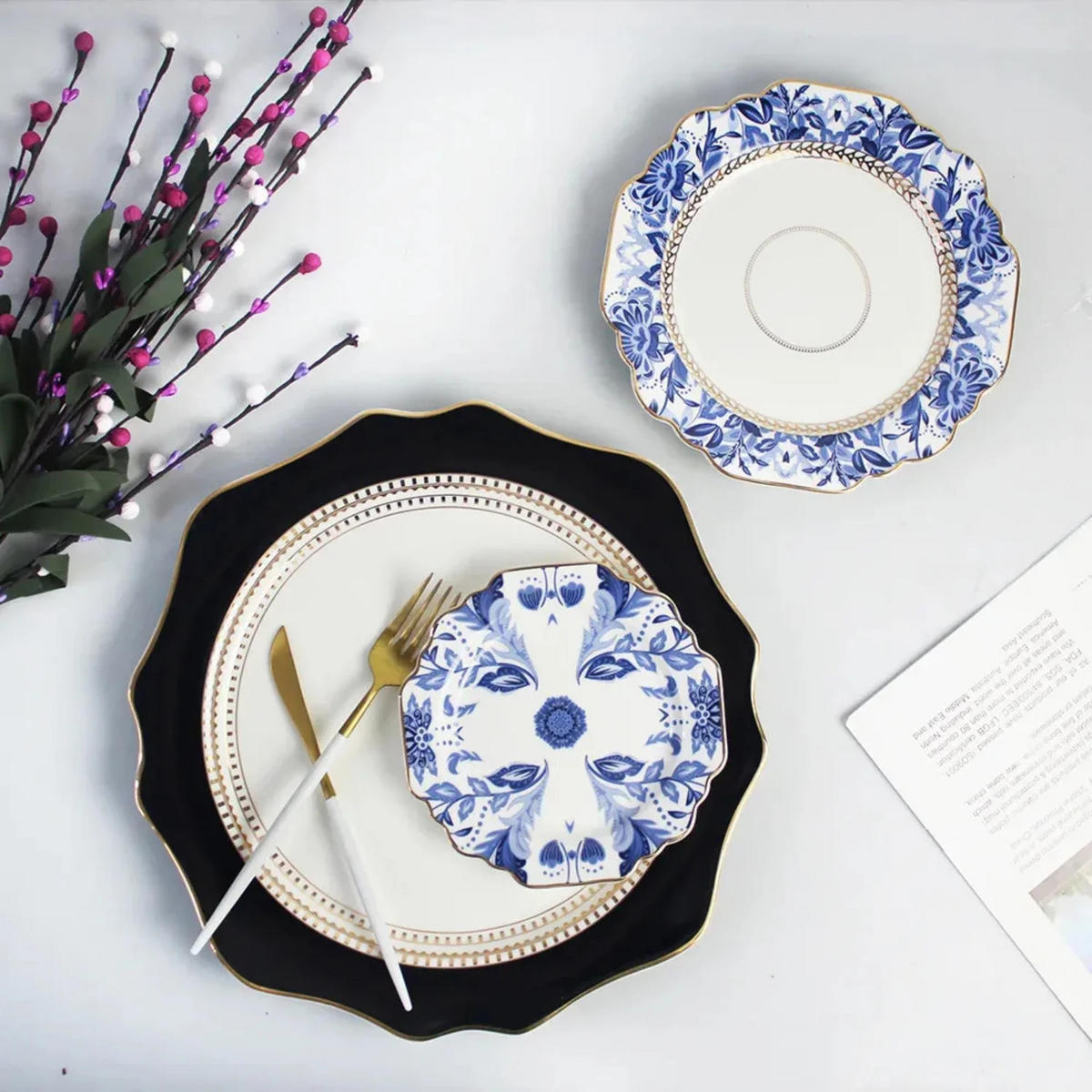 TELLERSET Blumen Goldrand Bone China Weiß Gold 4tlg Ø30 Ø27 Ø20 Ø16 cm - Blau/Goldfarben, Keramik (30/2/2cm) - Quality Elegance