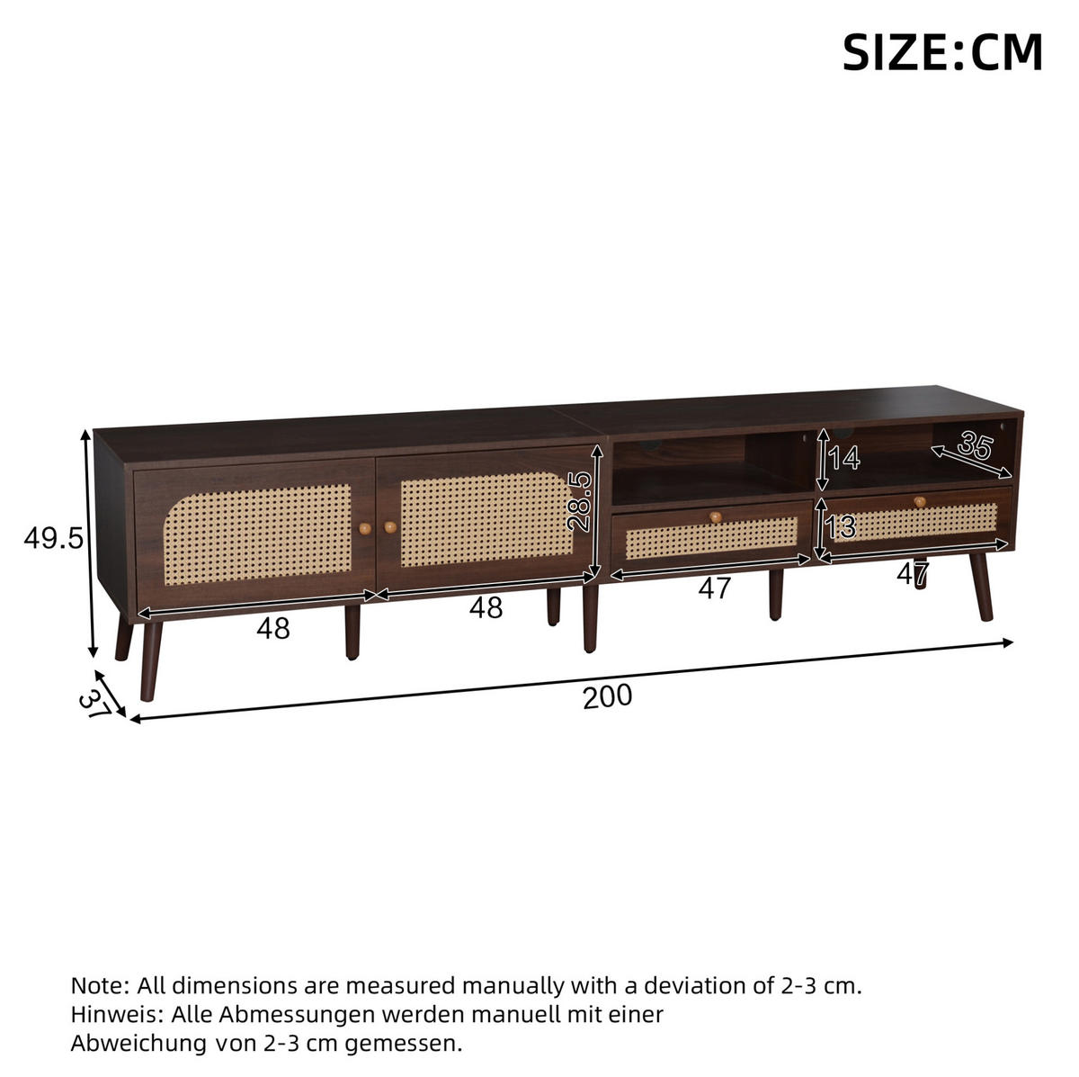TV-LOWBOARD aus Spanplatte 200x37x49,5 cm Braun mit Rattantüren und 2 Schubladen - Braun, Holzwerkstoff (200/49.5/37cm) - IVMEU