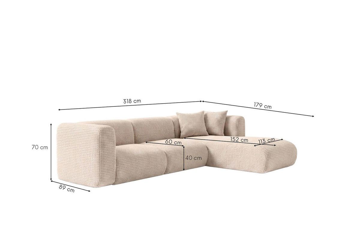 ECKSOFA L-Form, Chenille-Stoff Cremona, Creme, Rechts, GRETA - Creme, Holz (318/179cm) - Kaiser Möbel