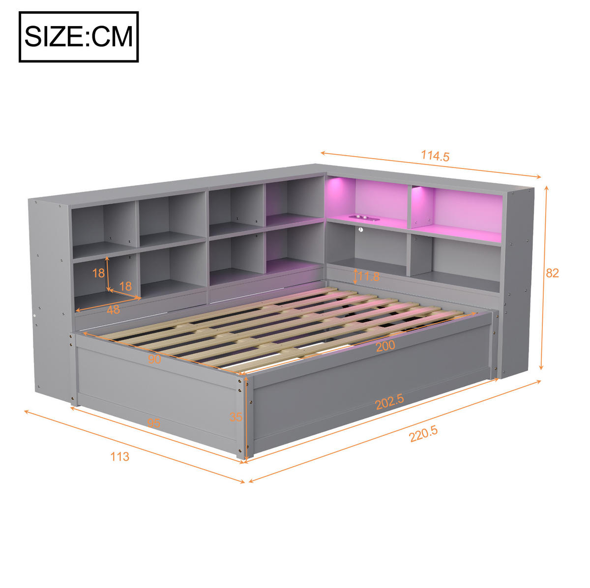 MULTIFUNKČNÍ postel z borovicového dřeva 90x200 cm šedá s LED osvětlením, zásuvkou a úložným prostorem - šedá, kompozitní dřevo (140/190cm) - Modfu