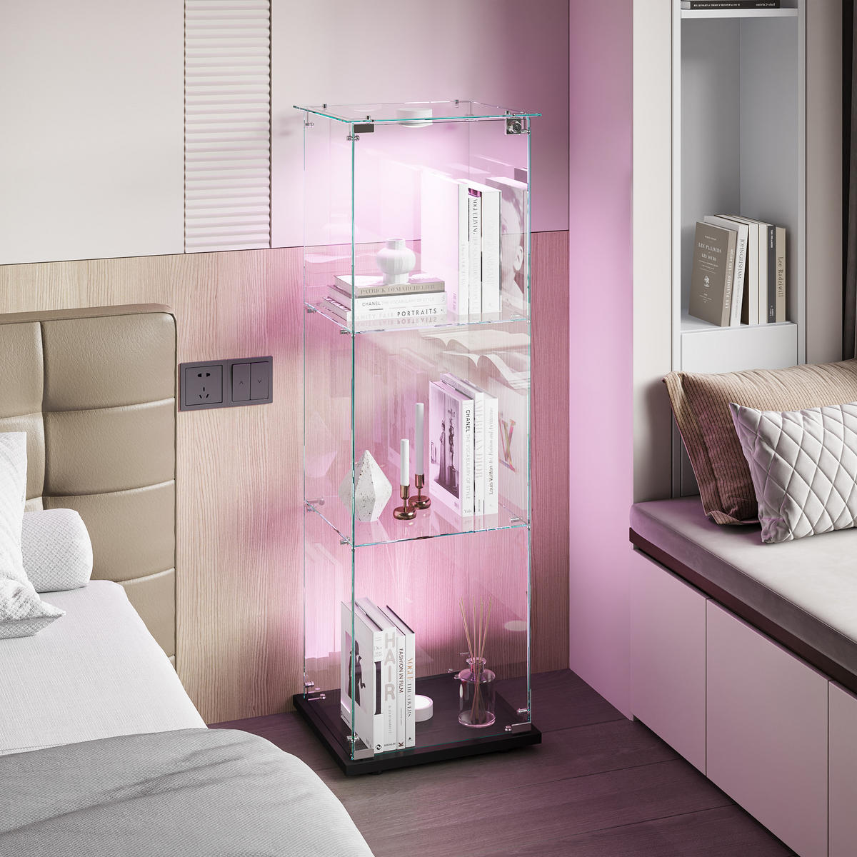 GLASVITRINE Mit LED, 3 Regale, Schloss, Glas-Schrank Für Wohnzimmer - Schwarz, Holz (35/123.3/39.8cm)