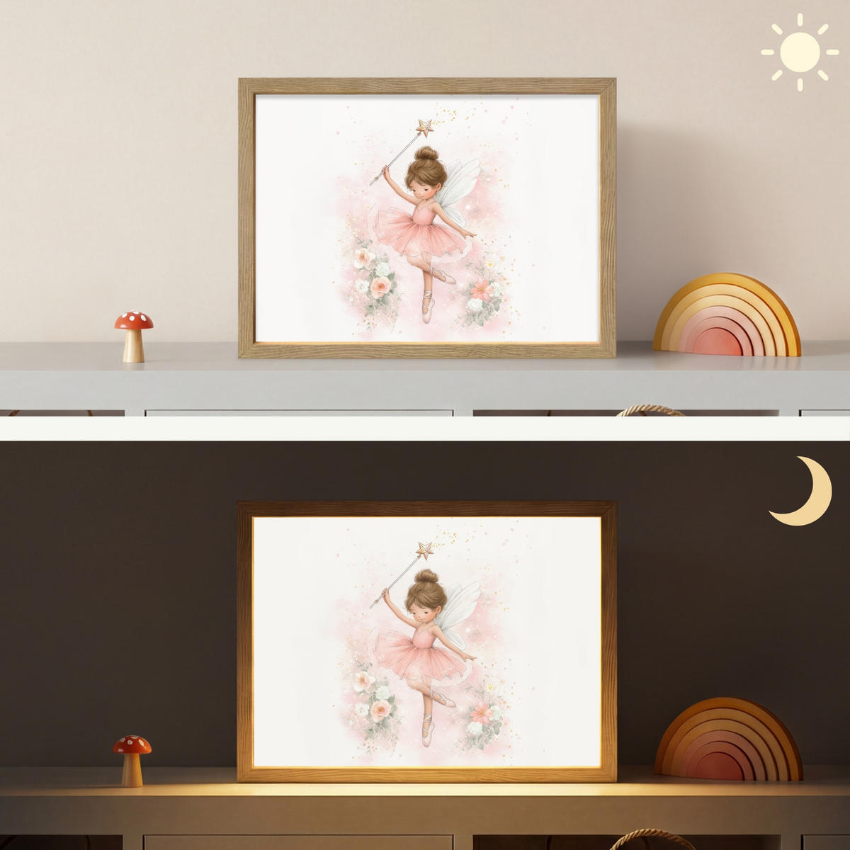 NÁSTĚNNÁ LAMPA S AKUMULÁTOREM Baletka - Víla - Květiny - Růžová 40x30 cm - růžová, kompozitní dřevo (40/30/8cm) - OnlyWow