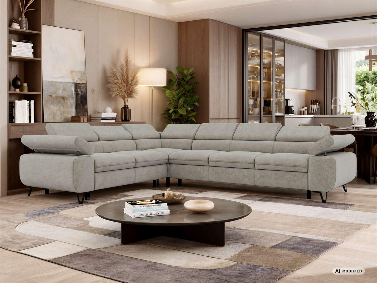ECKSOFA NORDEN L - Hellgrau Stukture - Rechts Seite - Hellgrau/Schwarz, Textil/Metall (329/269cm) - MKS