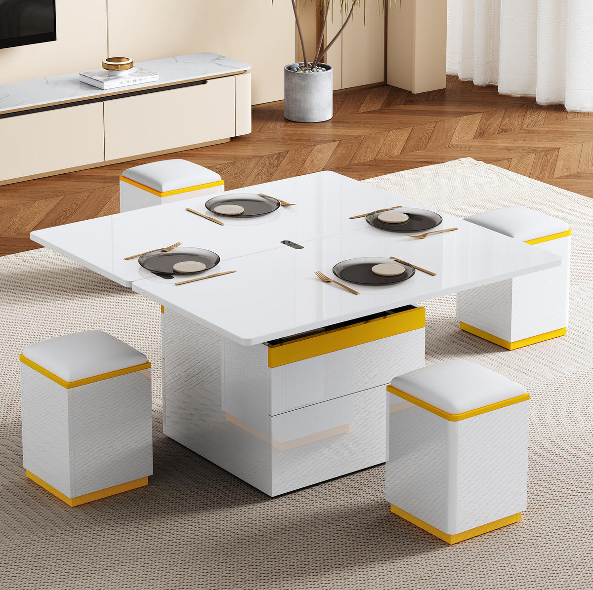 COUCHTISCH höhenverstellbar mit Stauraum 100 x 50 cm Weiß Gelb 5-tlg. - Weiß, Wellpappe (100/50/43cm) - Meubliv