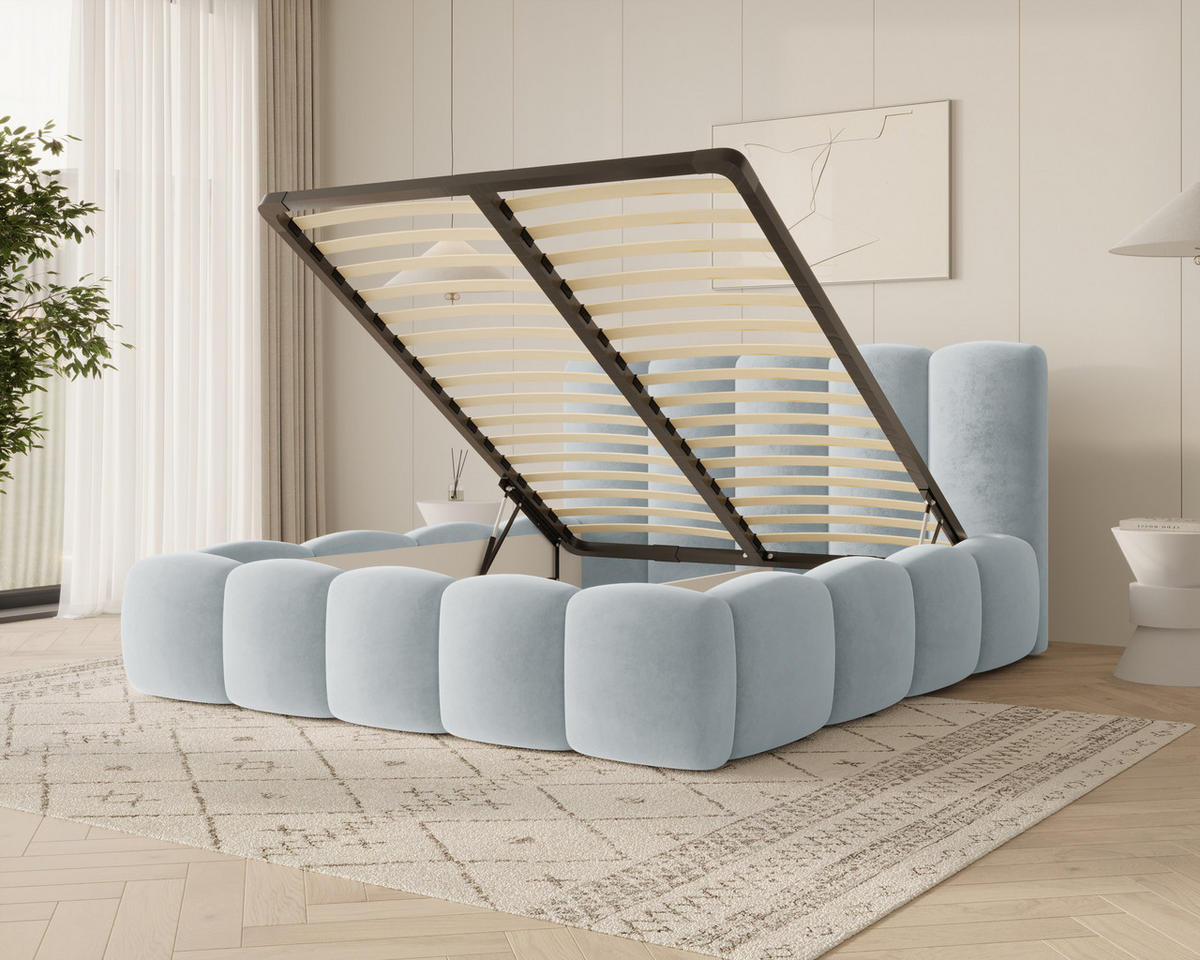 POLSTERBETT 18 - 140x200 cm – Riviera – Gepolstertes Bett mit Metall-Lattenrost - Blau, Holz (140/200cm) - ROYAL24_MARKT