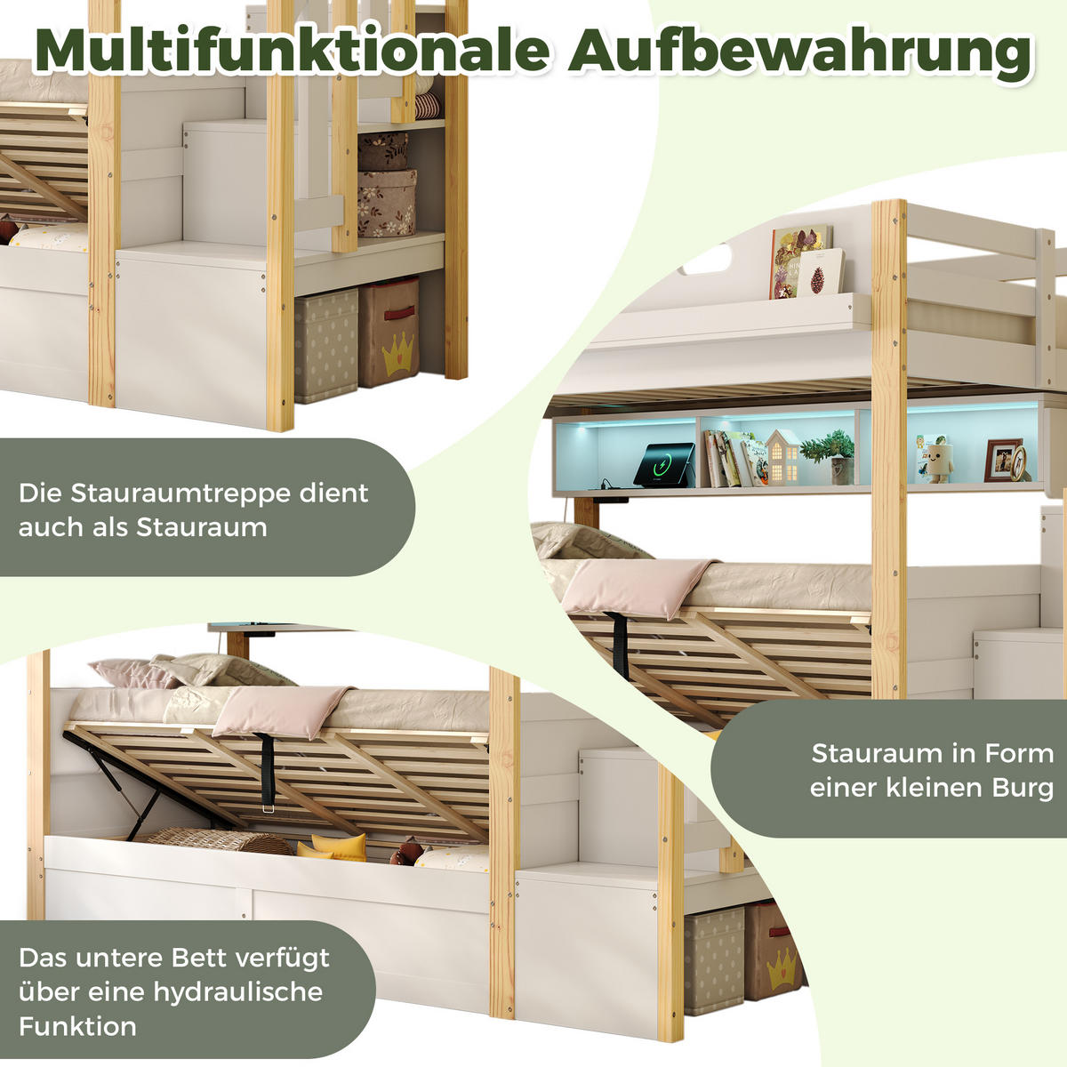 ETAGENBETT 90/200 cm mit Hydraulik und LED, DE-41821, in Weiß - Weiß, Holz (90/200cm) - ComfortXL
