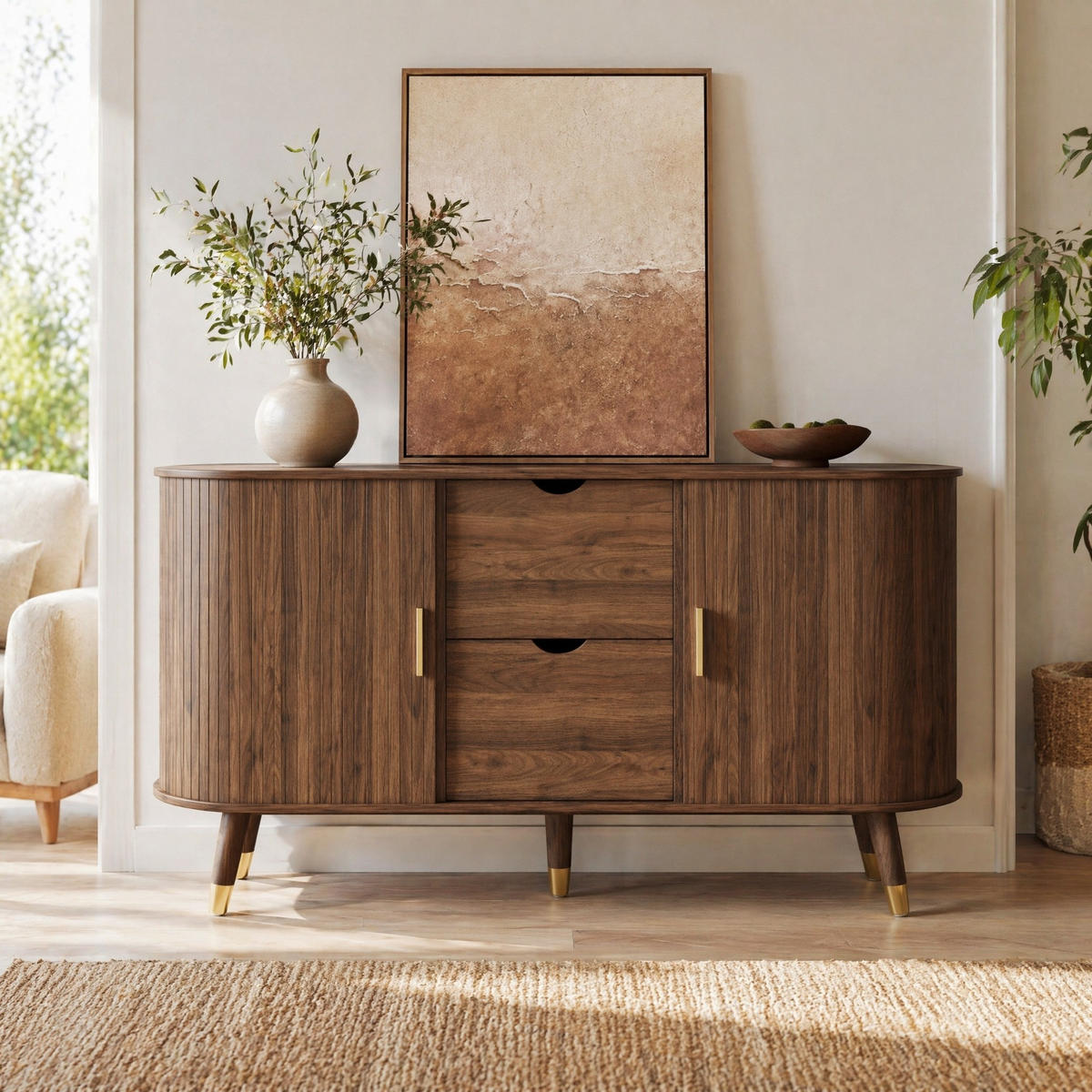 SIDEBOARD Nussbaum 140/40/79,5 cm aus MDF mit Schiebetüren, Schubladen und offenen Fächern - Nussbaumfarben, Holzwerkstoff/Metall (140/79.5/40cm) - CHICFURN