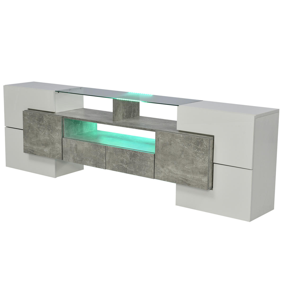 LOWBOARD 200/35/60 cm in Hochglanzweiß und Beton aus MDF mit LED-Beleuchtung - Weiß, Holzwerkstoff (30/60/200cm) - OKMYHOME