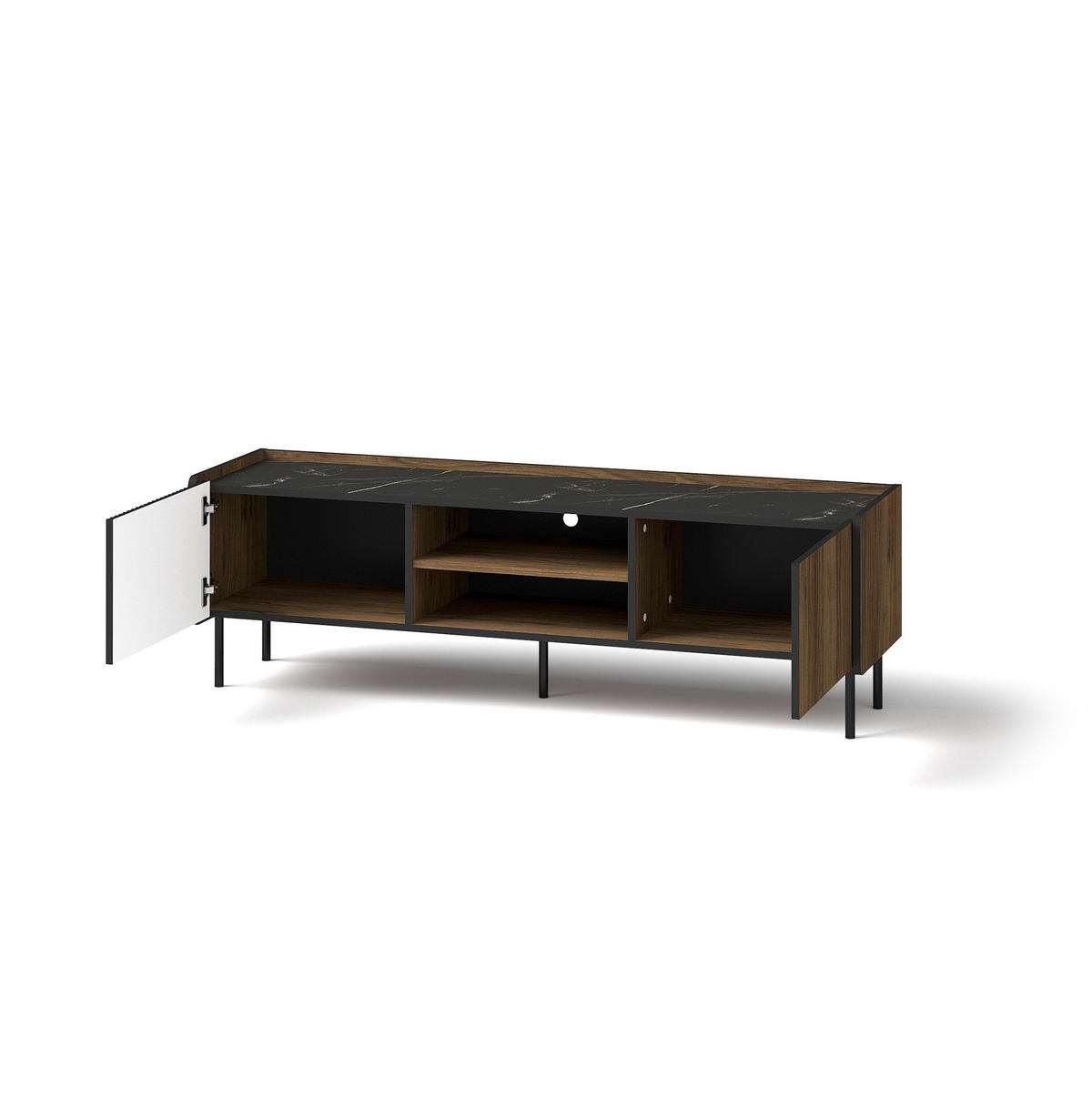RTV-SCHRANK Prestigo Schwarz, Warmia Walnuss, Zweitüriger TV-Tisch - Walnussfarben/Schwarz, Holzwerkstoff (150/47/40cm) - Bettso