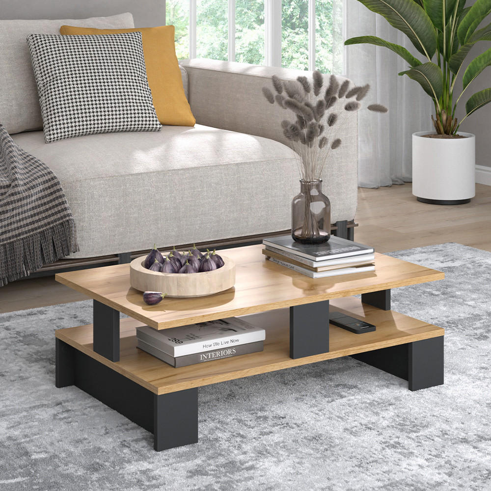 COUCHTISCH Belina Goldkraft Eiche/Anthrazit 80 x 50 cm mit zwei Ebenen - Honigeiche/Anthrazit, Holzwerkstoff (50/80/28cm) - Vicco