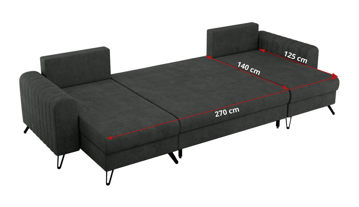 WOHNLANDSCHAFT AXEL U Struktur Dunkelgrau - Schwarz/Grau, Textil/Metall (312/90/140cm) - MKS