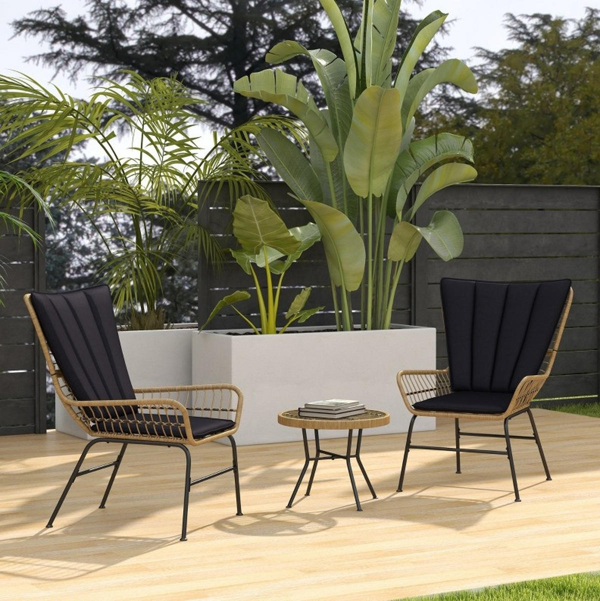 BALKONSET 3-teilig,50×50×40cm schwarz aus Rattan mit Kissen und Glas Tisch - Schwarz, Naturmaterialen - Modfu
