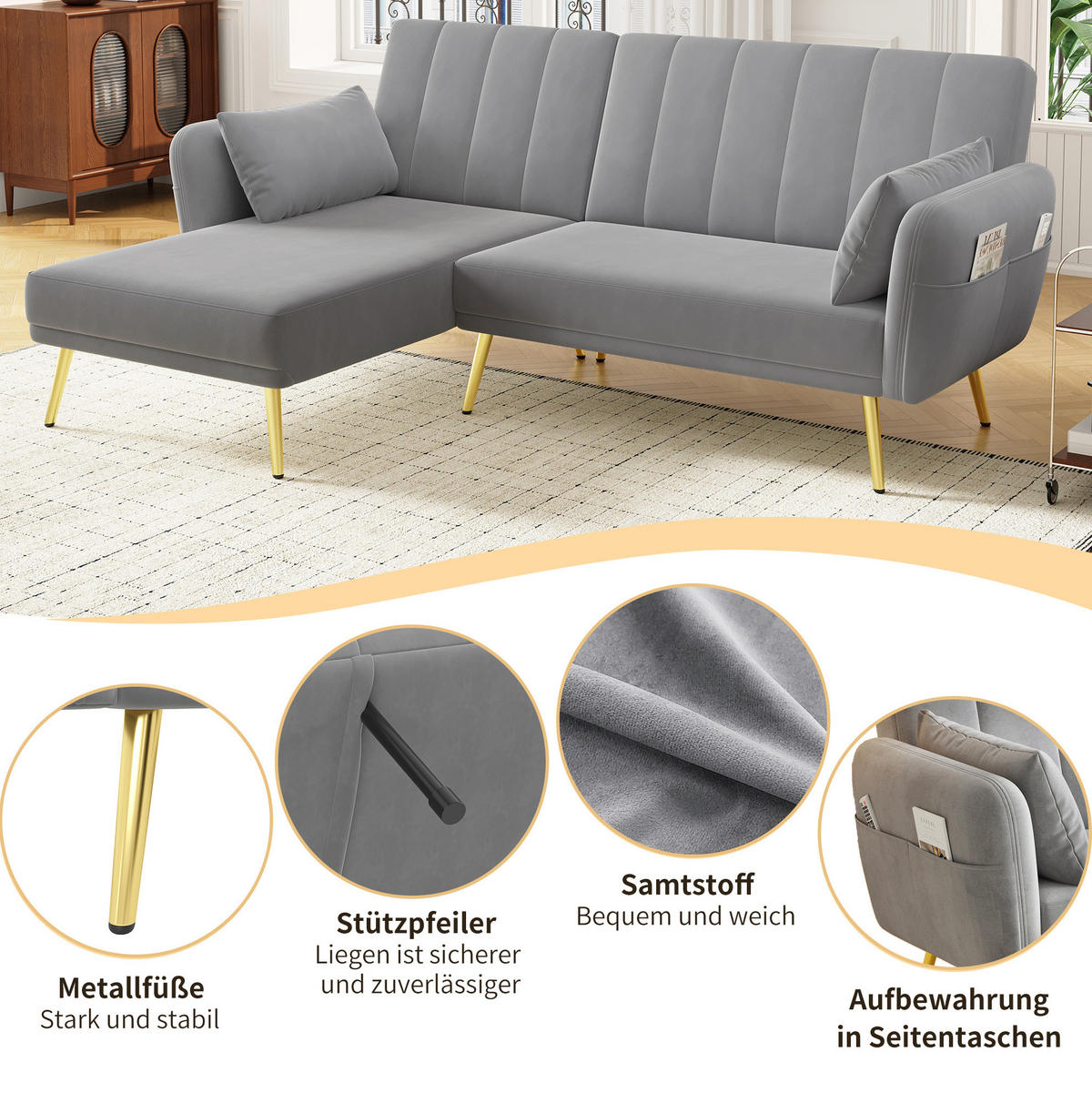 ECKSOFA, Samt mit Schlaffunktion & verstellbarer Rückenlehne, 191,5/130,5/80 cm, Grau - Grau, Textil (130.5/191.5cm) - Redom
