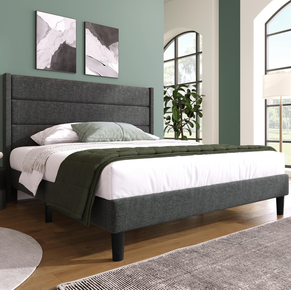 POLSTERBETT 140/200 cm Dunkelgrau mit gepolstertem Kopfteil aus Leinen - Dunkelgrau, Textil (140/200cm) - OKWISH