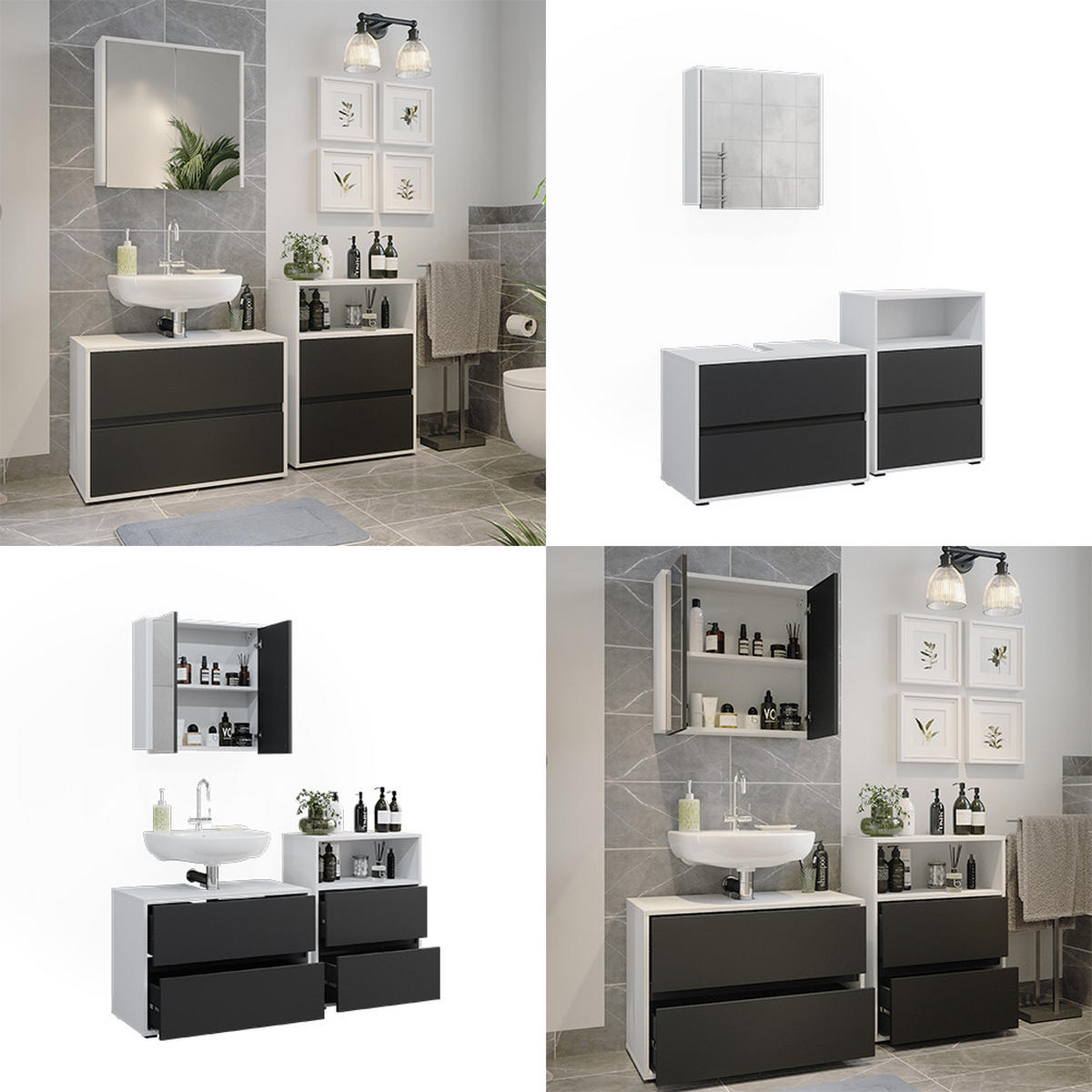 BADEZIMMER-SET Maltin Weiß/Anthrazit 3 Teile - Anthrazit/Weiß, Holzwerkstoff (80/58/40cm) - Vicco