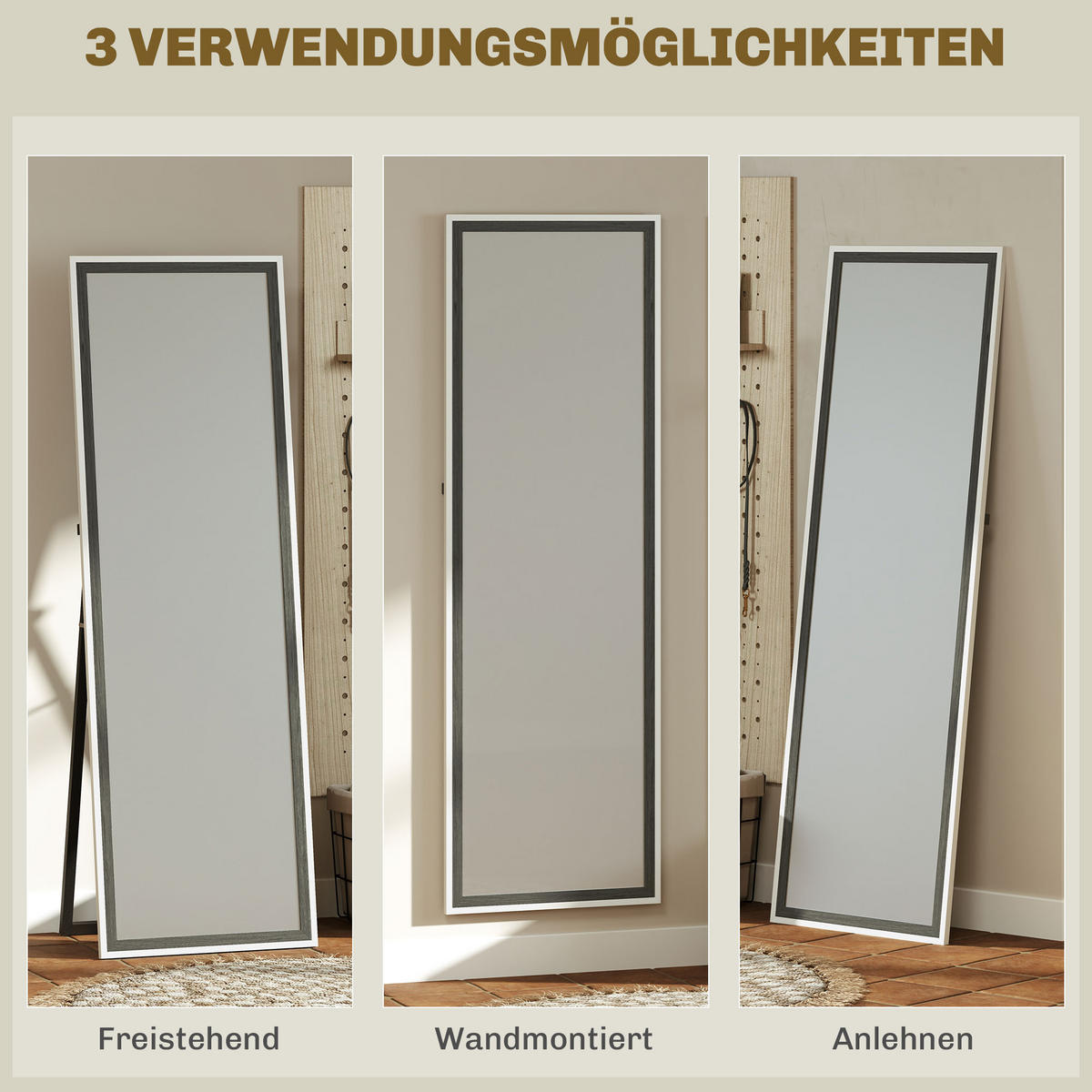 GANZKÖRPERSPIEGEL, 162,6 x 53,5 cm Standspiegel mit Ständer, Grau+Weiß - Weiß/Grau, Glas (53.3/162.6/2.5cm) - HOMCOM