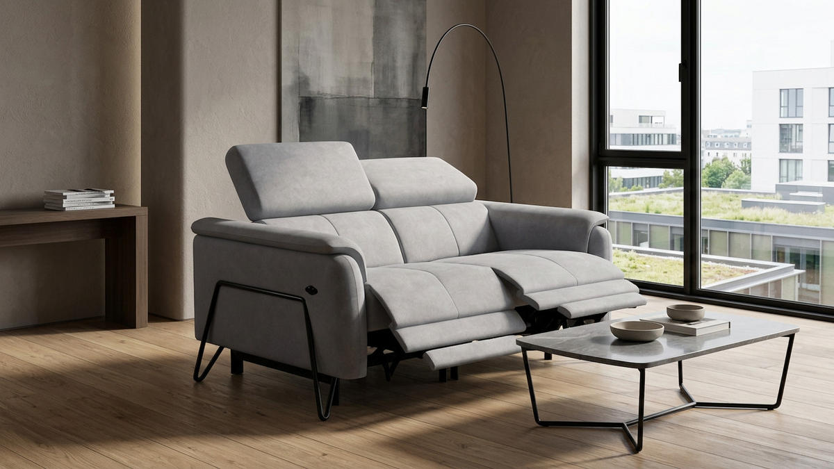 RELAXSOFA RODEN 2-Sitzer mit 2 Relax, hellgrau, Veloursstoff - Hellgrau, Holz/Textil (148/82/103cm) - Wozimo