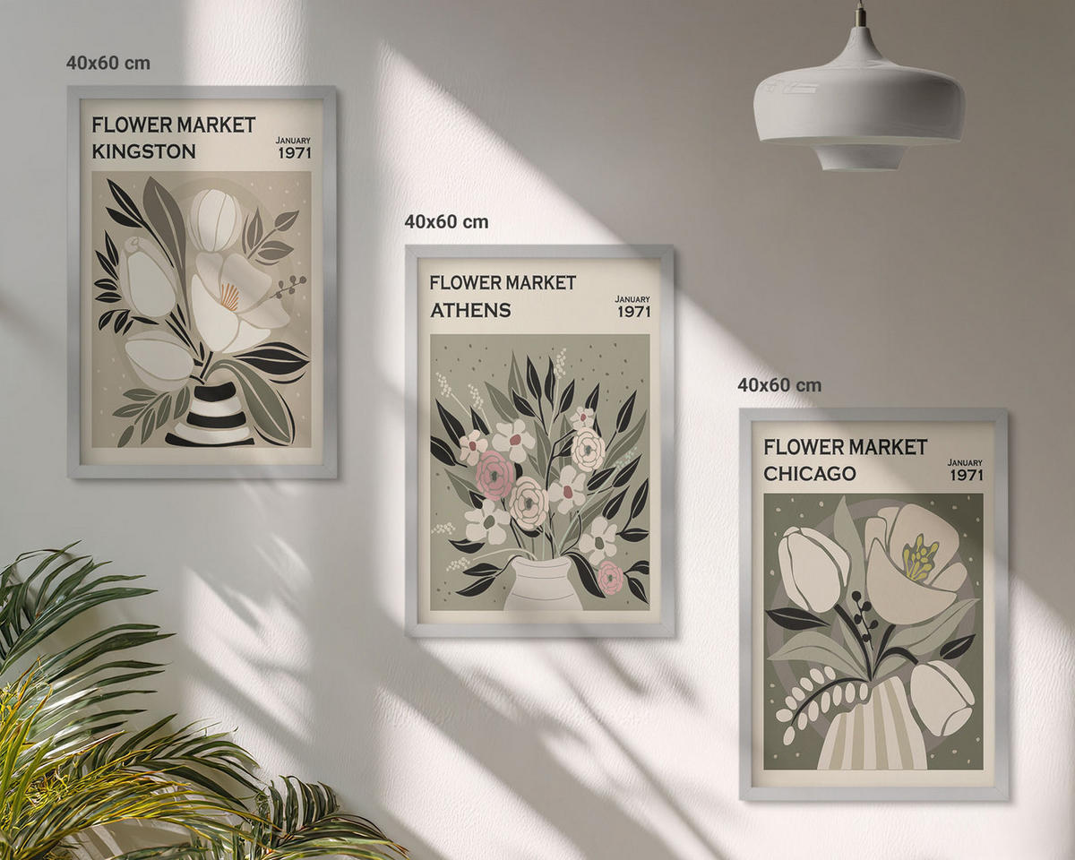 BILDER SET 3er Set - 40x60 cm Silberner Rahmen - Retro-Blumenarrangements - Silberfarben, Kunststoff (40/60cm) - TULUP
