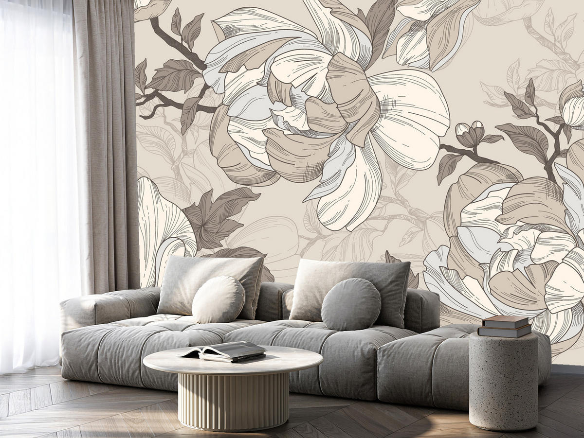 FOTOTAPETE für Wohnzimmer Natur Große Blüten Blätter Pflanzen 150x105 - Beige/Creme, Papier (150/105cm) - Muralo