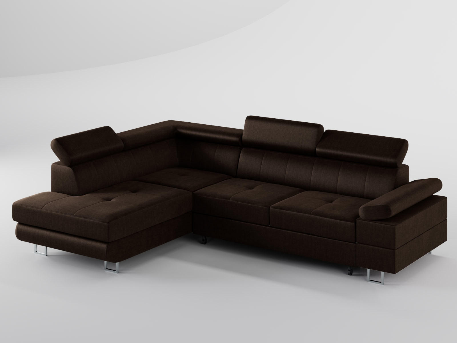 ECKSOFA CAROLINE Links Braun Velours-Stoff mit Schlaffunktion und Bettkasten - Chromfarben/Dunkelbraun, Textil (253/190cm) - Barchello