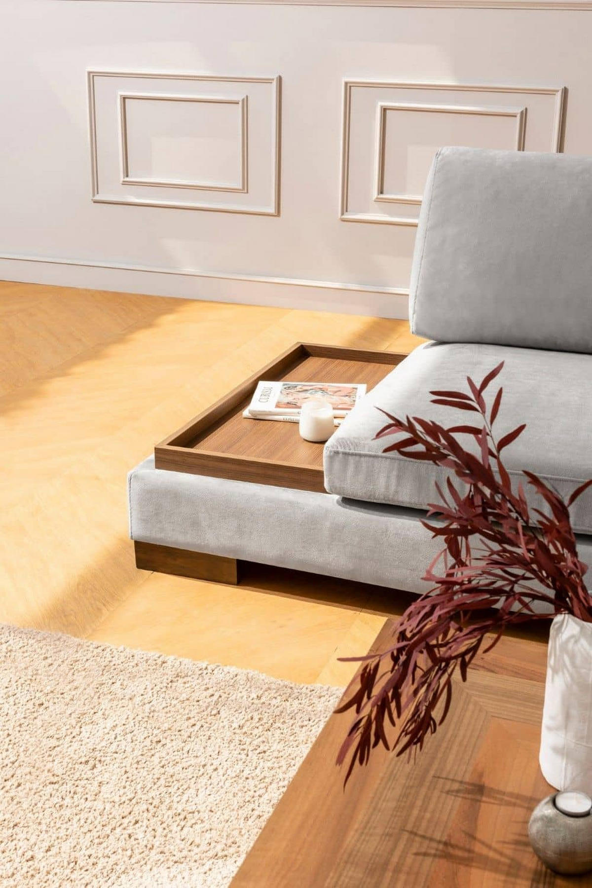 ECKSOFA mit Hocker und Lounge-Design - Walnussfarben/Hellgrau, Holz/Textil (193/313cm) - myHomelando