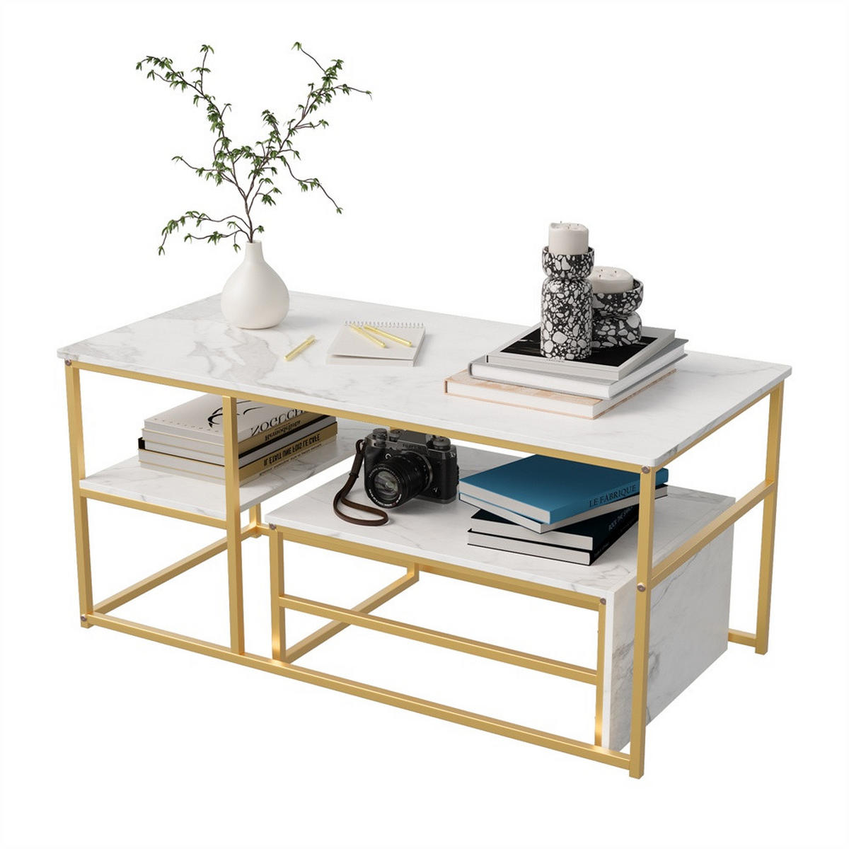 COUCHTISCH - Rechteckiger Couchtisch in Marmoroptik mit Metallgestell - Weiß und Gold - Goldfarben, Holzwerkstoff (52/105/48.5cm) - DELFA