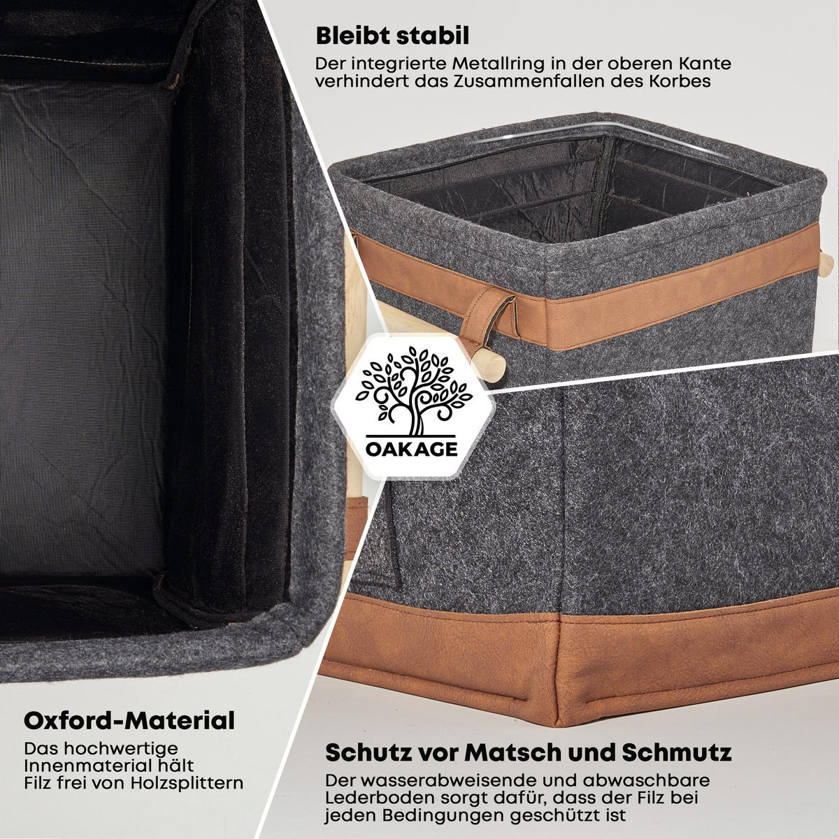 KAMINHOLZKORB FireMaster Filz mit schmutz- und wasserabweisendem Innenlayer und Lederboden 42/32/35 cm - Dunkelgrau, Textil (32/35/42cm) - OAKAGE