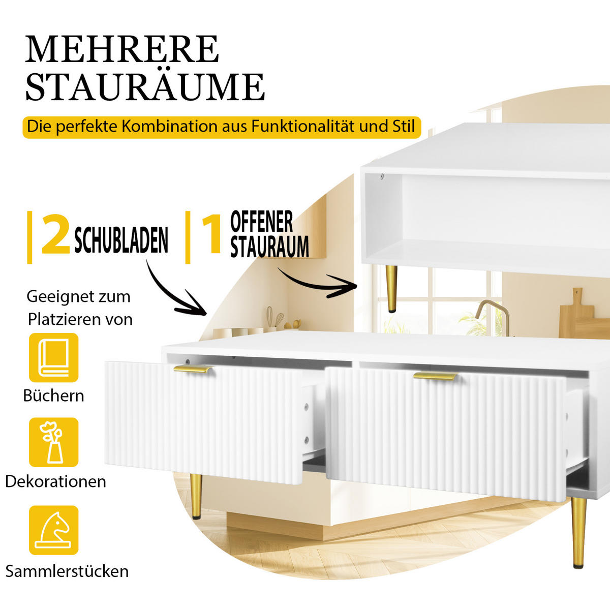 COUCHTISCH 100/50/40 cm in Weiß mit 2 Schubladen und goldfarbenen Details - Weiß, Holzwerkstoff (100/50/40cm) - Flora Grace