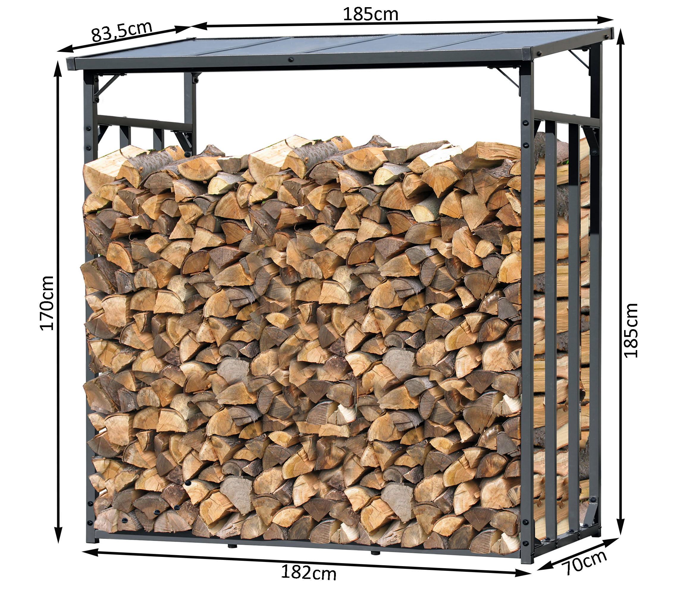 KAMINHOLZREGAL Außen Promo 185x70x185 cm Metall Anthrazit mit Wetterschutz 2,3 m³ / 3,5 SRM - Anthrazit, Metall (185/185/70cm) - QUICK STAR
