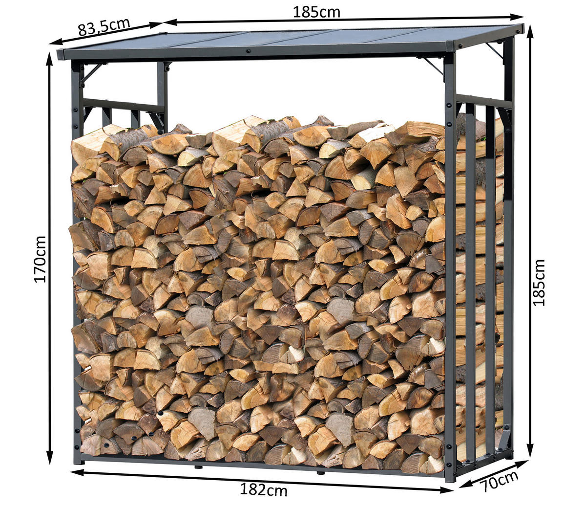 KAMINHOLZREGAL Außen Promo 185x70x185 cm Metall Anthrazit mit Wetterschutz Transparent 2,3 m³ / 3,5 SRM - Transparent/Anthrazit, Metall (185/185/70cm) - QUICK STAR