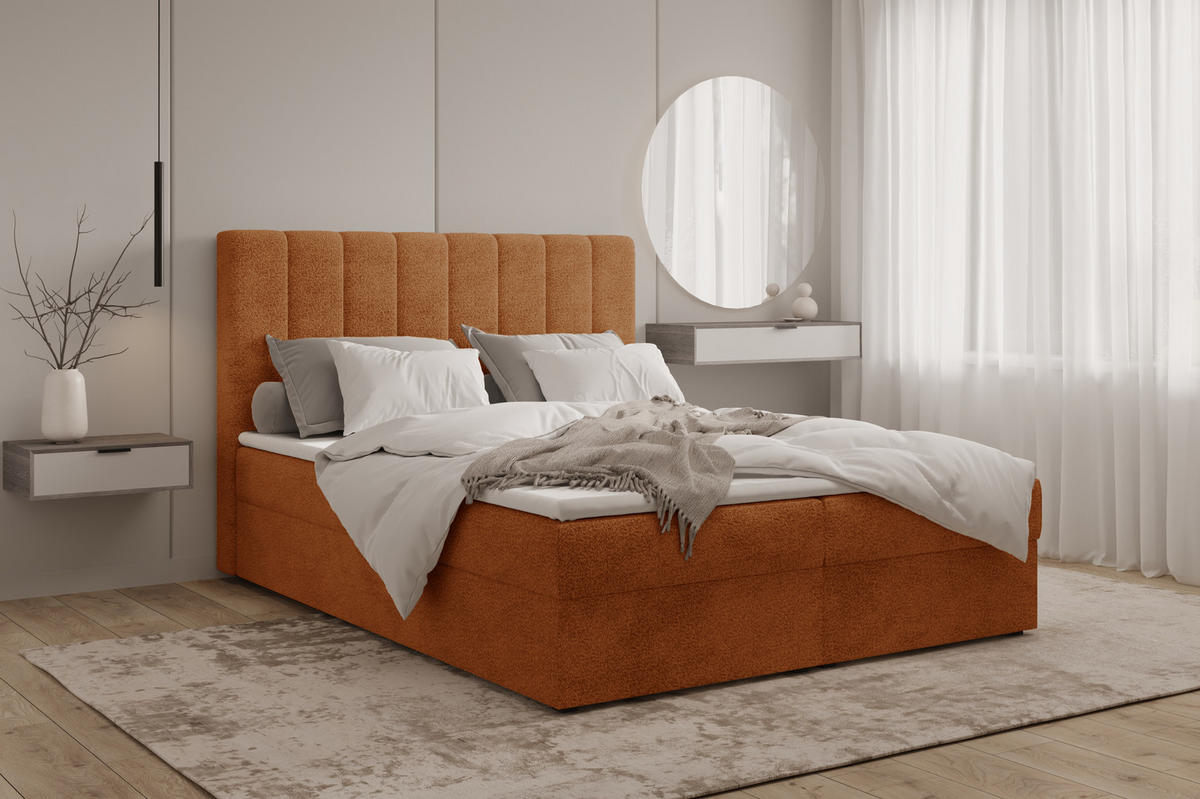 BOXBETT 01 140 x 200 cm - Arena – Stilvoll und bequem Mit Bettkasten, PU-Topper, Federmechanismus, waschbarer Bezug - Orange, Holz (140/200cm) - ROYAL24_MARKT