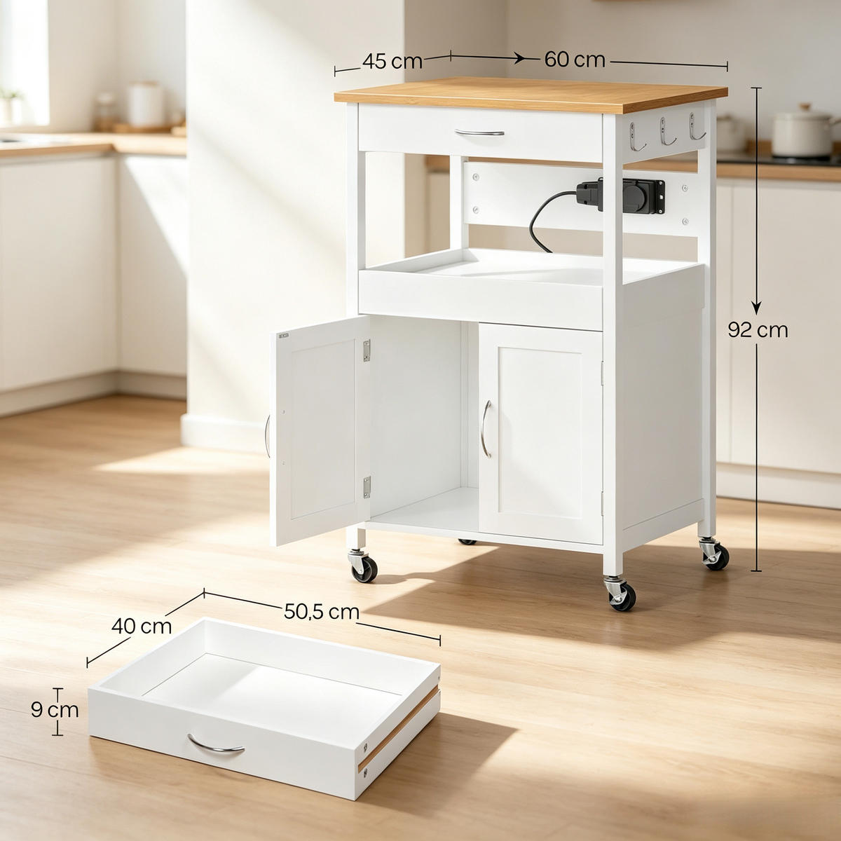 SERVIERWAGEN DE-41502 60/45/92 cm, Steckdosen und Schublade Bambus/Weiß - Weiß, Holzwerkstoff (60/92/45cm) - ComfortXL