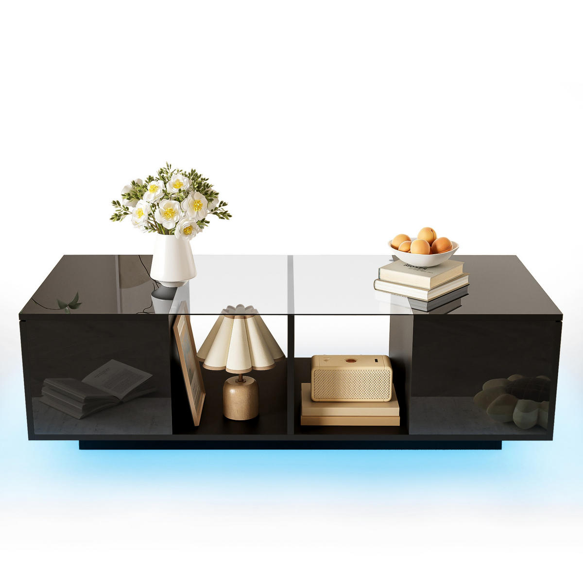 COUCHTISCH 120/50/38.5 cm schwarz aus Glas, MDF und Spanplatte mit LED-Beleuchtung - Schwarz, Holzwerkstoff (120/50/38.5cm) - OKMYHOME
