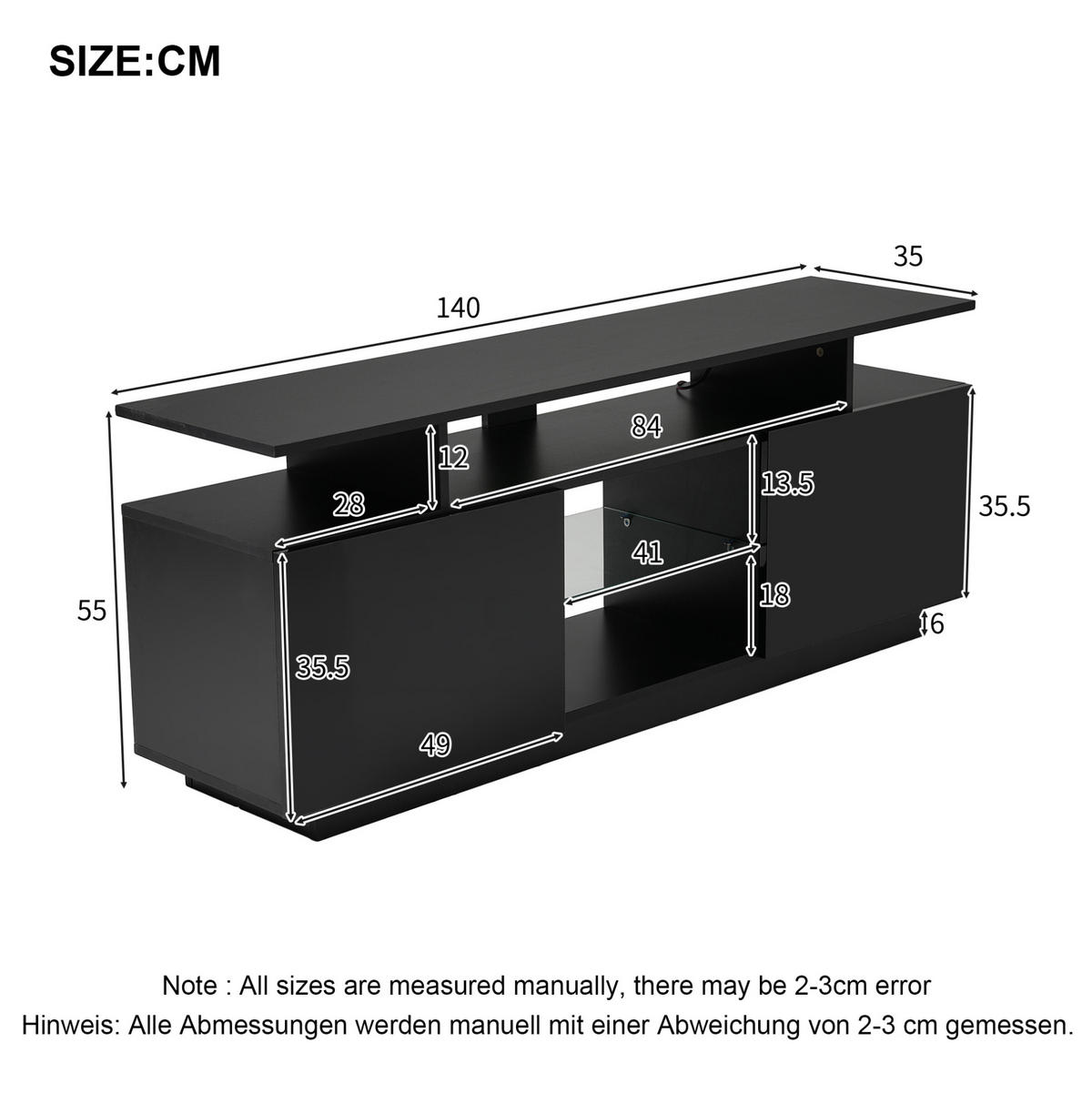 TV-SCHRANK mit LED-Beleuchtung 140 cm Schwarz Hochglanz - Schwarz, Holzwerkstoff (35/55/140cm) - Beauniv