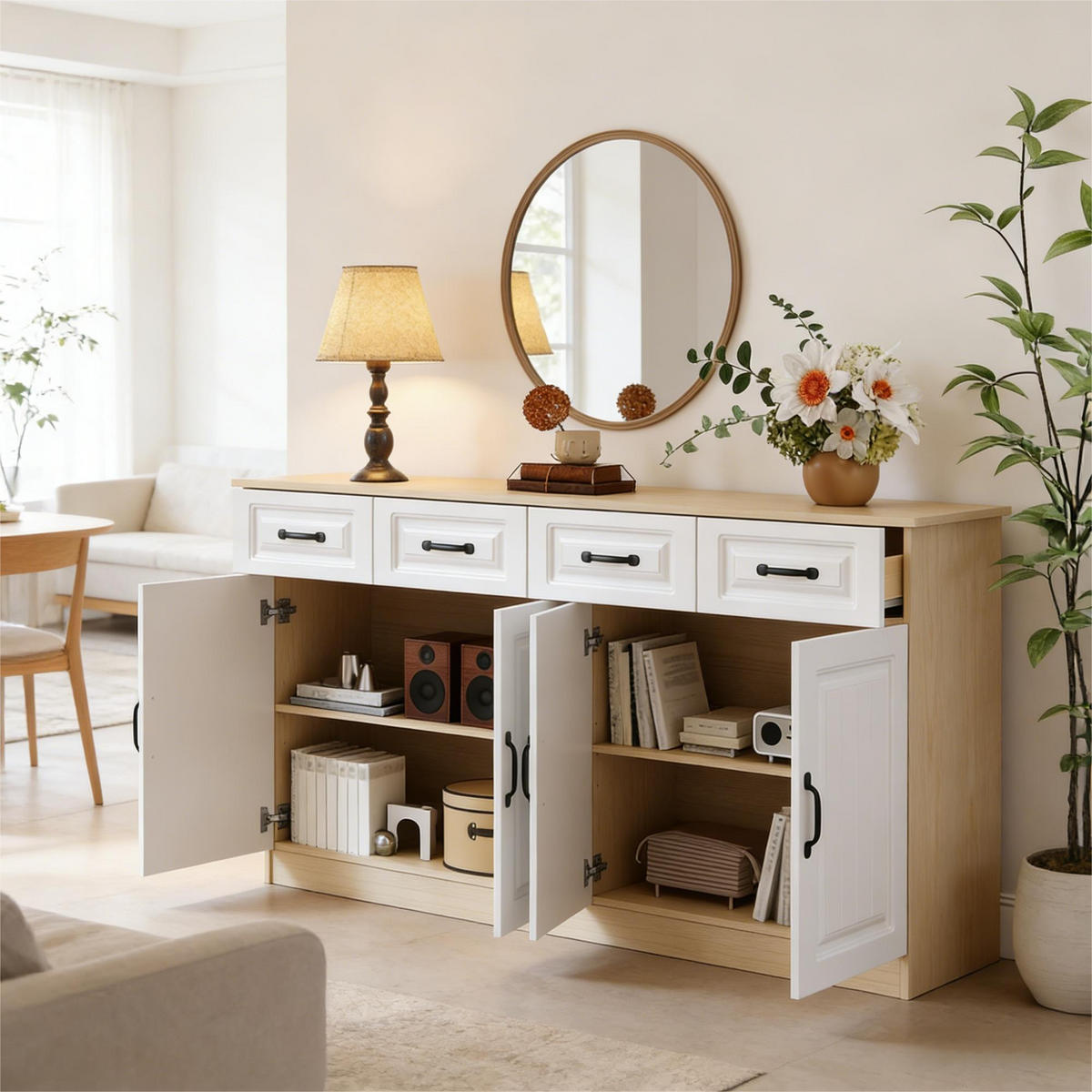 SIDEBOARD Kommode 4 Schubladen 4 Türen gerillt 160cm Weiß Natur - Multicolor, Holzwerkstoff (160/80/35cm) - FLIEKS