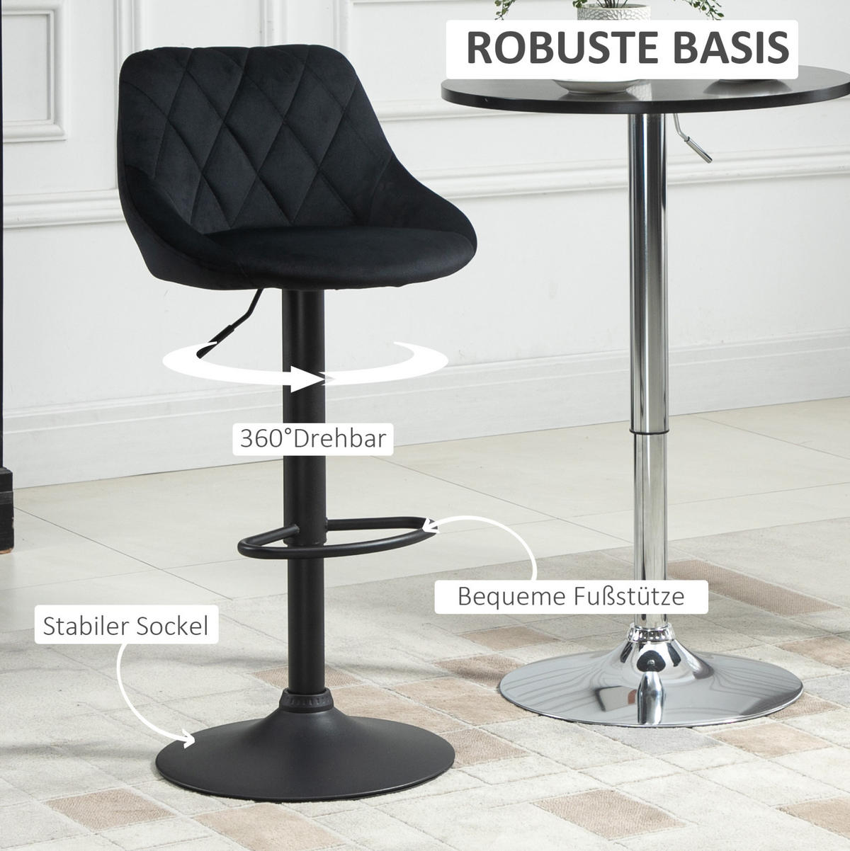 BARHOCKER 2er-Set höhenverstellbar Schwarz mit Rückenlehne und Fußstütze 46/48/104 cm - Schwarz, Textil (48/83/51.5cm) - MIVRAY