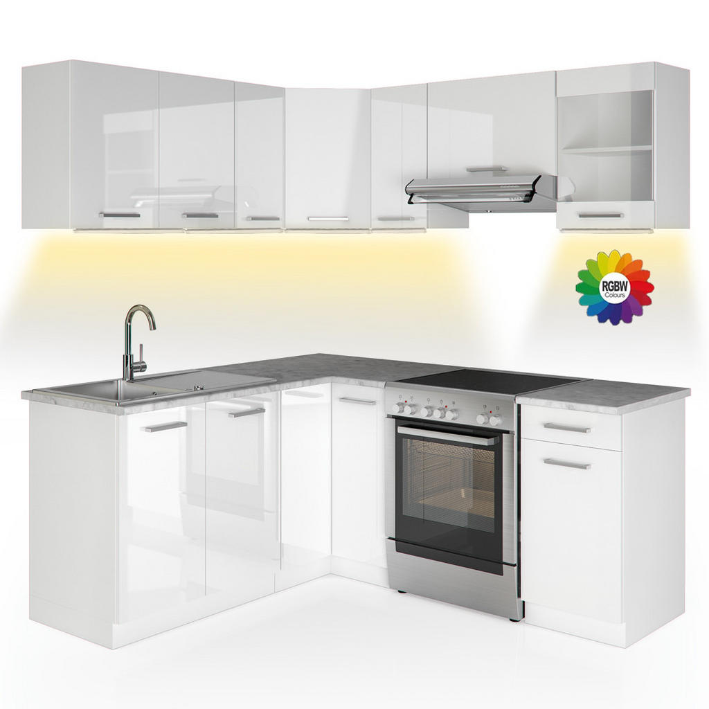 BUCATARIE PE COLT R-Line, Alb lucios ridicat/Alb, 187 x 167 cm, marmura AP cu benzi LED