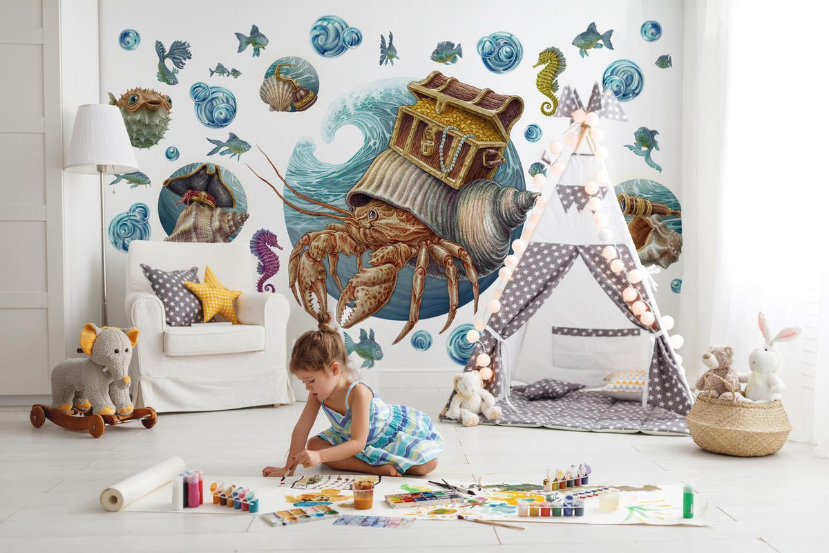 WANDAUFKLEBER 130x142cm - Die Unterwasserwelt der Krabbe - Multicolor, Kunststoff (130/142/0.1cm) - Wallfluent